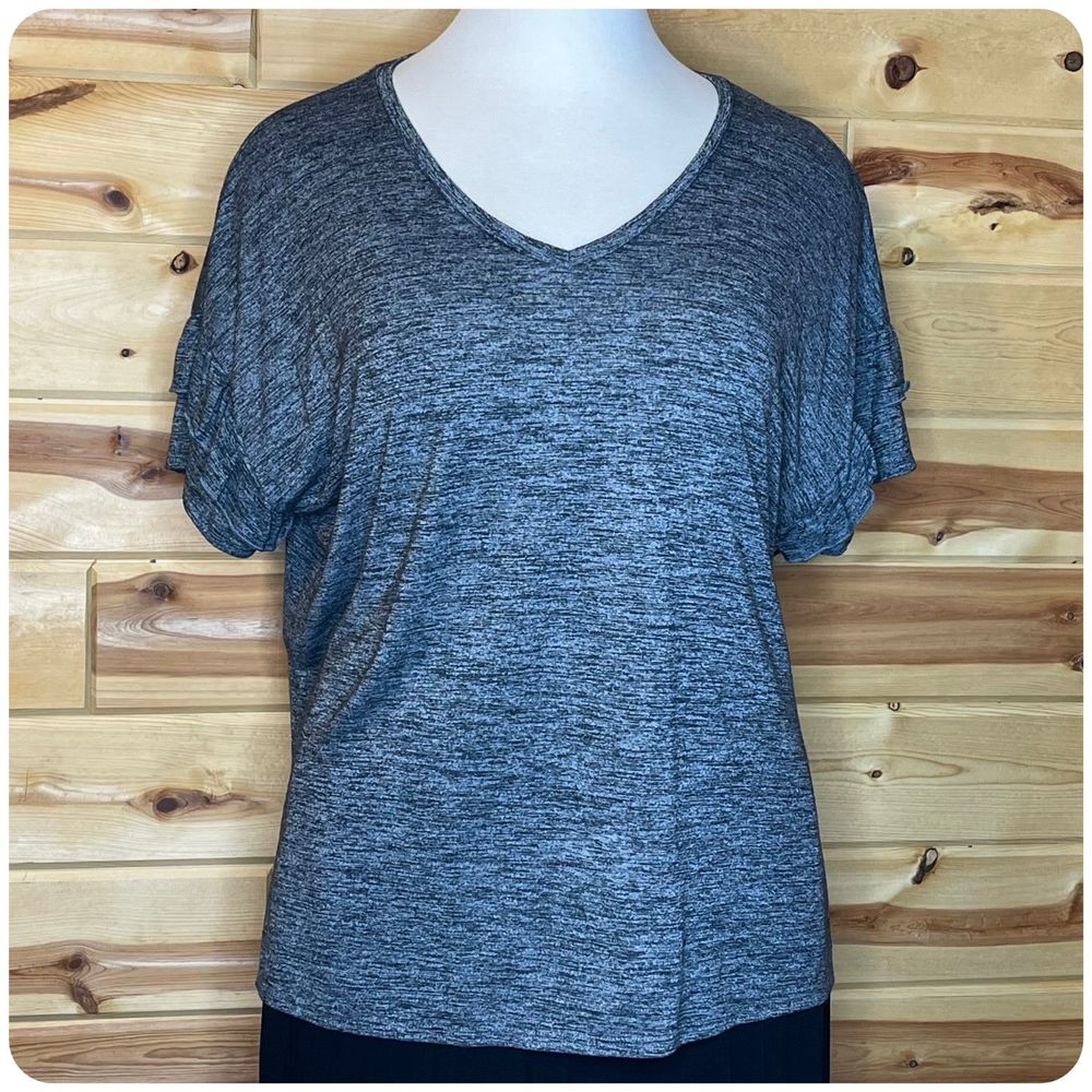 AVA & VIV Heathered Black V-Neck Top with Hi-Low Split Side Hem Ruffles Size 3x